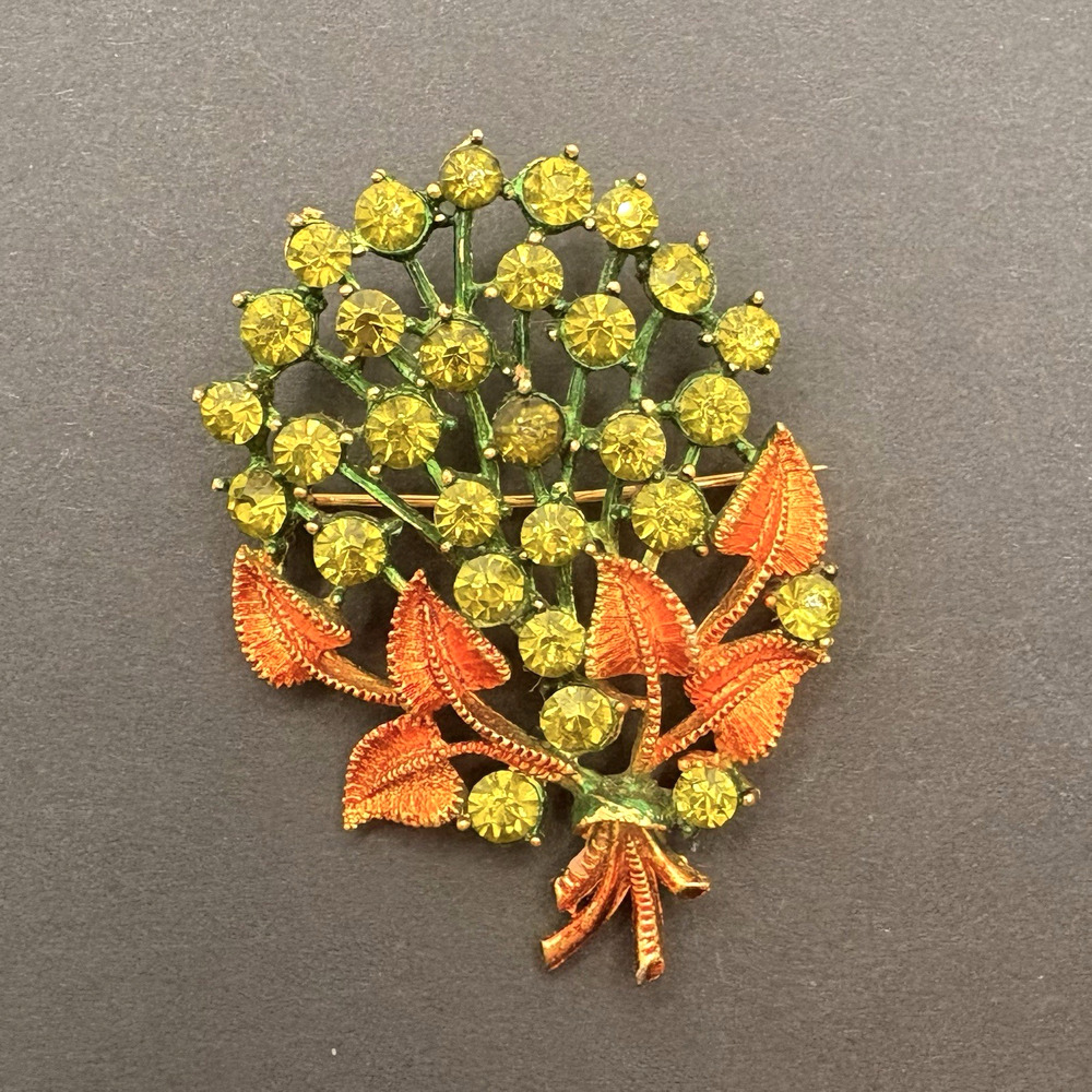 Vintage Mamselle Flower Bouquet Brooch Green Rhinestones Copper Tone Leaves 2"